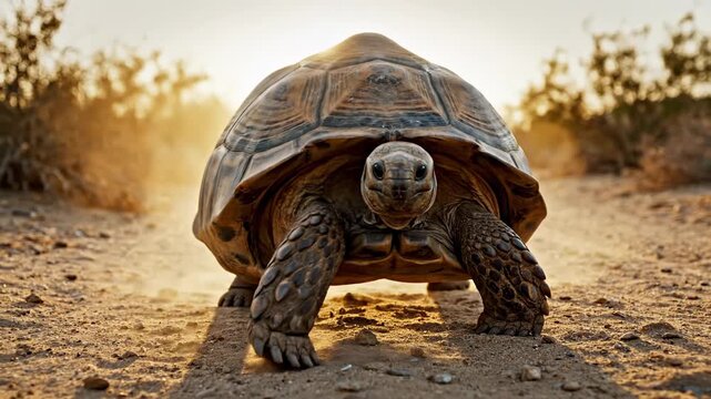 A mature desert tortoise navigates across the sandy terrain during a golden sunset, showcasing its textured shell and weathered skin while wandering through the arid environment in search