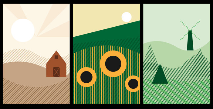 Set of flat landscape illustrations featuring a farm with a barn, a sunflower field, and a windmill in a green meadow, minimalist nature art. Vector illustration.