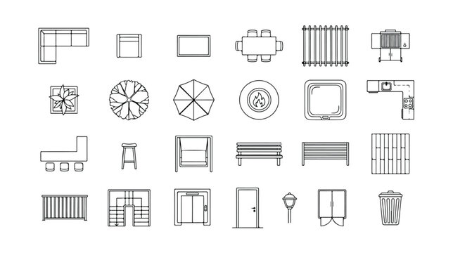 Minimalist landscape architecture symbols, 24 outdoor furniture and garden floor plan icons, black line vector set for site planning