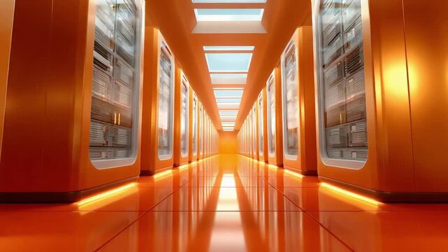 Futuristic Server Room: A visually striking, long, and brightly lit corridor of a modern server room, characterized by its sleek orange walls and illuminated racks.