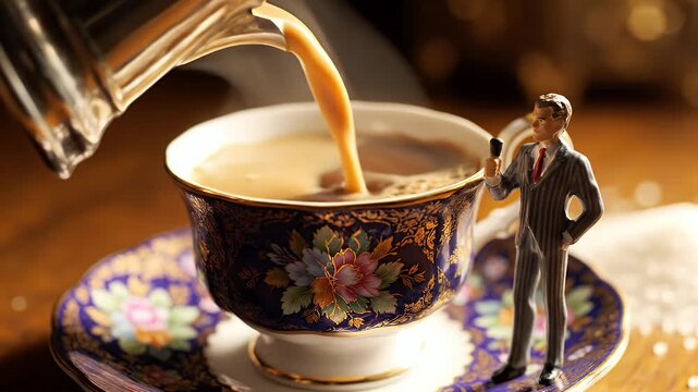 Tiny Suited Businessman Figurine Observes Ornate Porcelain Teacup in Warm Macro Scene