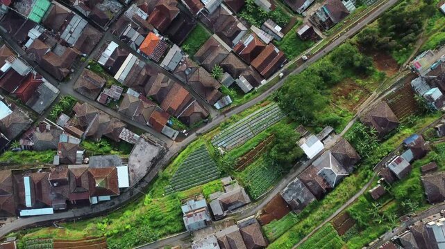 Drone captures a sweeping top-down panorama of Nepal Van Java, revealing geometric agricultural patterns and a colorful highland village surrounded by lush vegetation.