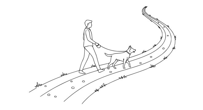 Man walking dog on a winding path with grass and flowers, simple line drawing illustration