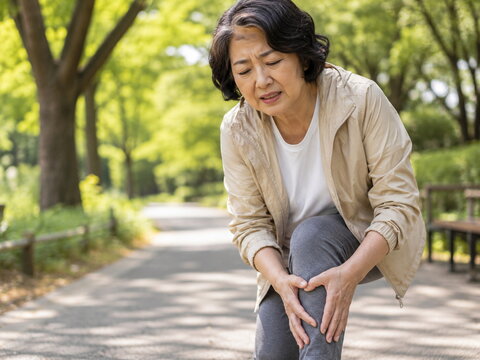 Senior Korean Woman Experiencing Knee Pain During a Walk in a Park