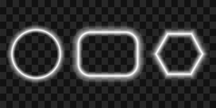 Set of round, rectangular with rounded corners and hexagonal frames with led light. 3D vector illustration isolated on dark transparent background.