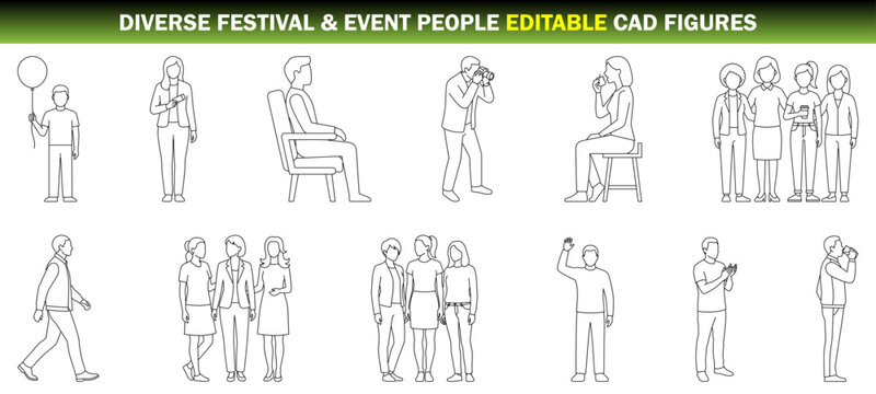 Diverse Festival and Event People CAD Figures Man Holding Balloon, Woman Holding Ticket and Person Watching Performance &ndash; CAD Block Set Side Elevation, Clean Thin Line Architectural Style