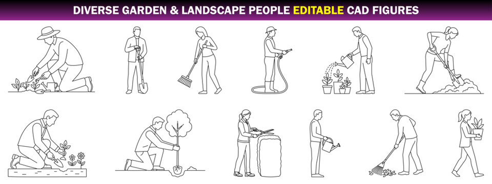Diverse Garden and Landscape People CAD Figures Man Watering Plants, Woman Digging Soil and Person Planting Flowers &ndash; CAD Block Set Side Elevation, Clean Thin Line Architectural Style