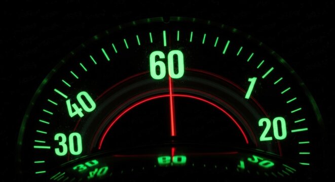 Close-up of glowing car speedometer dial.