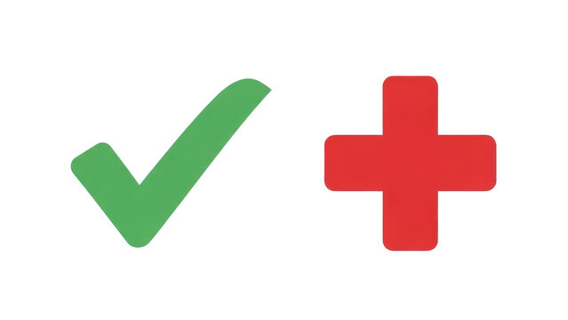 Green check mark icon and red plus sign symbol isolated