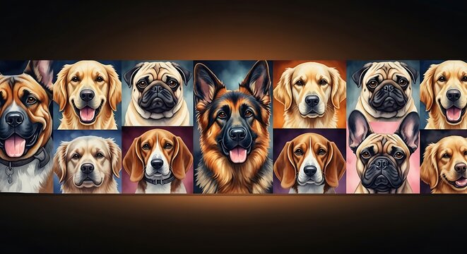 Colorful ceramic mugs with dog face patterns on shelf.
