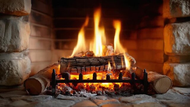 Cozy Hearth: A warm and inviting fireplace crackles with vibrant flames and glowing embers, casting a comforting glow on the surrounding stone hearth.