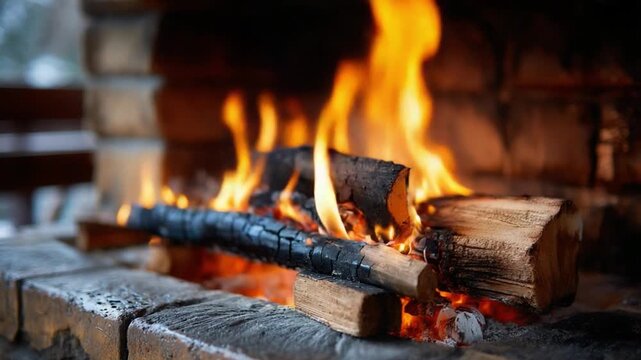 Cozy Fireplace Blaze: Warm, vibrant flames dance and crackle around burning logs in a rustic brick fireplace, creating an inviting atmosphere of comfort and warmth.