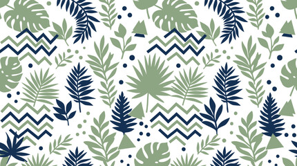 Fototapeta premium Tropical jungle pattern with palm leaves ferns and geometric zigzag lines for modern decor.