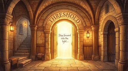 Obraz premium Ancient stone hallway with arched doorway leading to bright light, inscribed with the word THRESHOLD and text 'Step forward into the light...' - conce