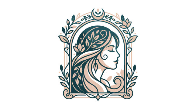 Minimalist vector illustration of a feminine side profile with long hair and leaf elements, framed by a botanical arch and crescent moon in rose gold and teal tones on white background.