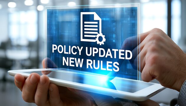 Business professional holding tablet with policy updated notification, Corporate compliance, new rules implementation, governance management, regulatory change, and digital documentation process.