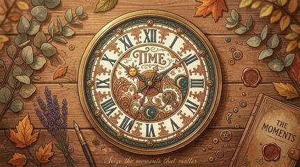 Obraz premium Antique clock with roman numerals and celestial motifs, surrounded by autumn leaves and lavender on a wooden table