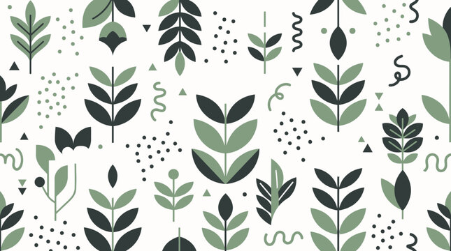 Minimalist green botanical pattern with geometric shapes and organic plant leaves design.