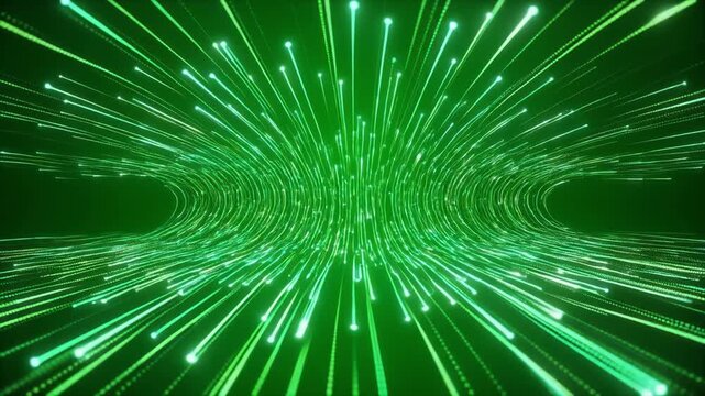 Green energy particles bursting outward in a glowing tunnel during a digital broadcast