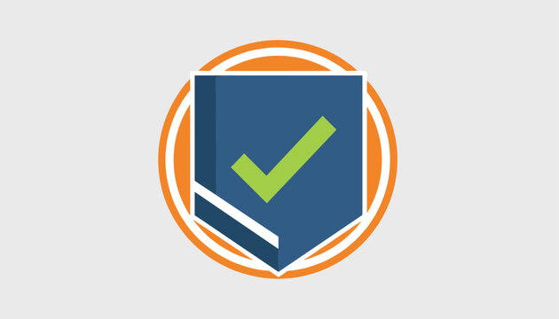 Security shield with green checkmark icon inside orange round frame as concept of protection and safety.