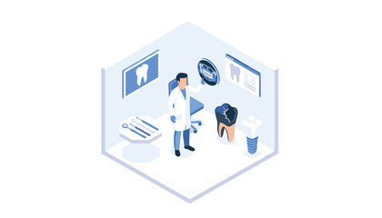 Fototapeta premium Dentist pointing to an X-ray of teeth in a dental clinic equipped with modern tools, implants, and diagnostics.