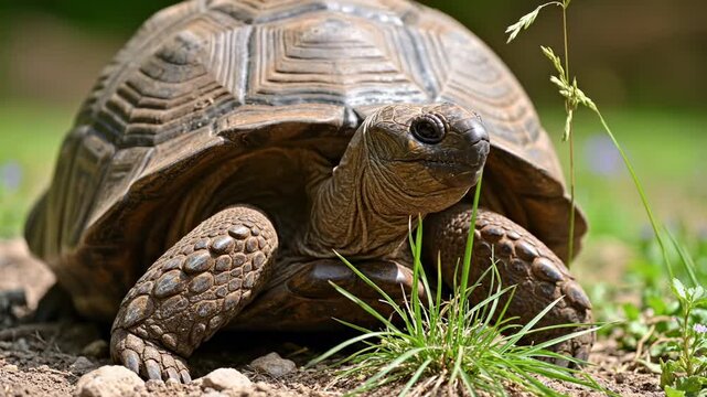 A mature land tortoise with a textured brown shell explores a patches of green grass within a sunny natural garden environment while walking slowly across the garden soil during the daytime