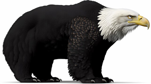 Mythical bald eagle black bear chimera hybrid beast textured illustration isolated white backdrop, wildlife fusion asset for mascot branding apparel sticker wall print logo