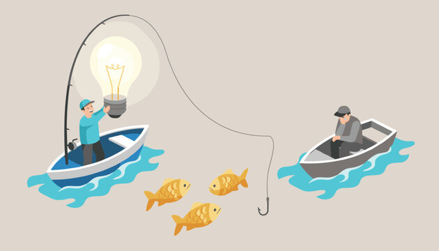 Businessman using a glowing lightbulb as a lure to attract golden fish while another fisherman sits in disappointment with an empty hook.