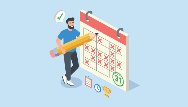 Smiling man using a giant yellow pencil to mark daily tasks off on a large wall calendar, representing deadline completion and productivity.