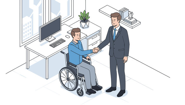 Professional businessman shaking hands with male applicant in wheelchair during job interview in office.