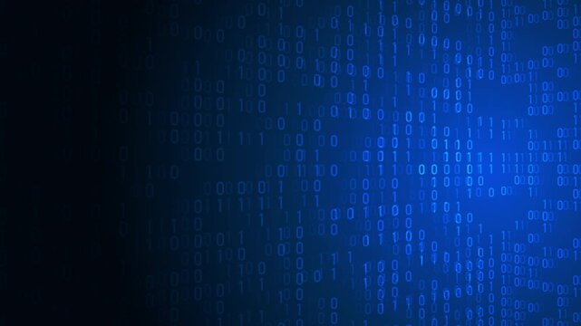 Glowing blue digital binary code loops on dark cyber background. Perfect for data technology, cybersecurity, network computing, sci-fi software stream, or matrix programming concept backdrop