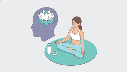 Fototapeta premium Young woman practices meditation on a yoga mat with a blooming lotus icon in her mind symbolizing mental wellness.