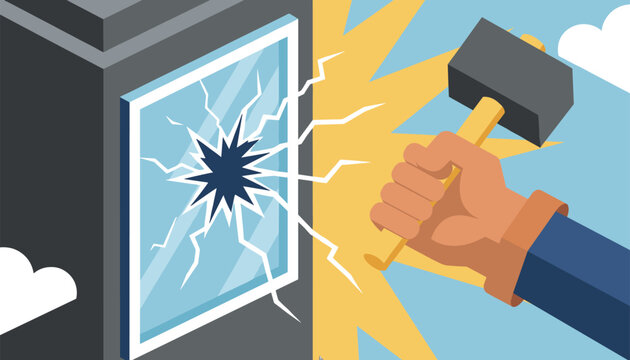 Forceful hand swings a heavy sledgehammer to break a glass window pane causing severe cracks and damage.