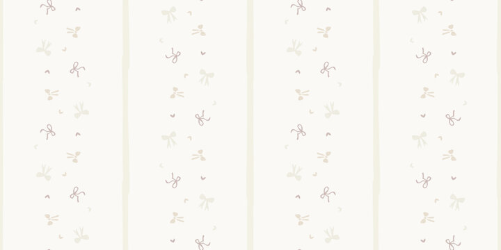 Seamless pattern of vertical running hand drawn minimalist beige coquette bow ribbon stripes
