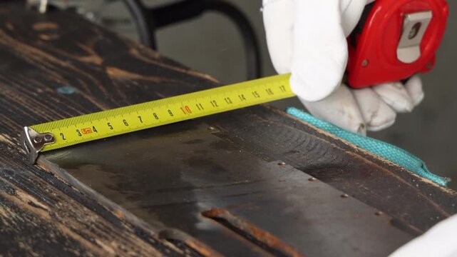 Craftsman in protective gloves marking metal workpiece using measuring tape and marker