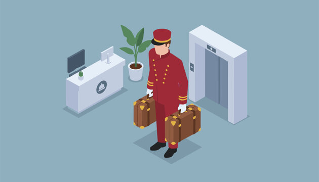 Professional hotel bellhop in a red uniform carries two heavy brown suitcases near an elevator and reception.
