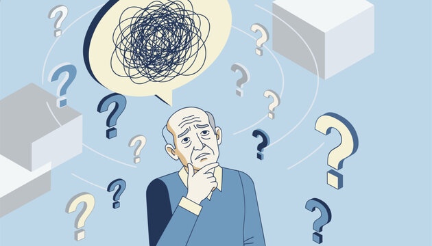Elderly man looks confused and worried as a thought bubble of tangled scribbles and question marks float above him.