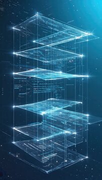 Vertical futuristic data structure with glowing grids