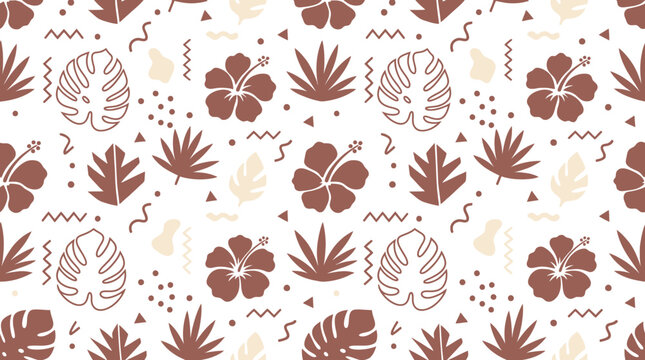 Seamless pattern with hibiscus flowers and tropical monstera leaves on white background art.