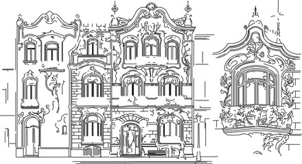 Obraz premium Art Nouveau Architecture Facade Coloring Page Illustration