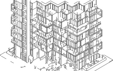 Obraz premium Modern Isometric Architectural Line Drawing of Apartment Building