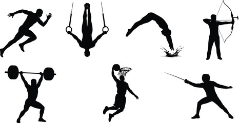 Sports Silhouette Collection Featuring Running Gymnastics Diving Archery Weightlifting Basketball and Fencing Vector Set © Abdul Mojid