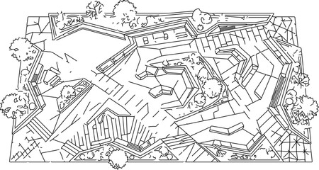 Fototapeta premium Modern Public Park Landscape Architecture Plan Line Art Illustration