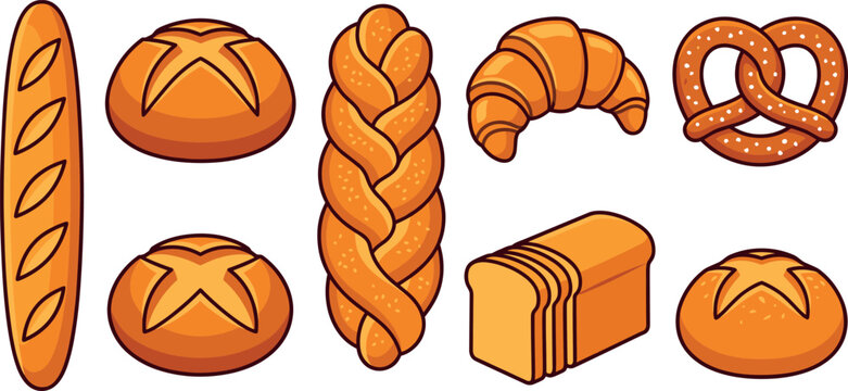Bakery bread vector collection with baguette croissant loaf pretzel challah bun isolated on a transparent background