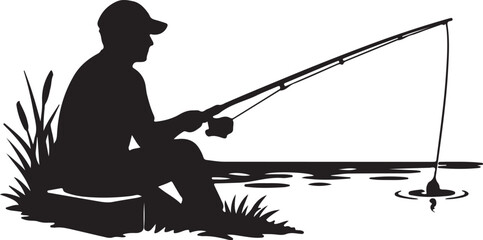 Silhouette man fishing patiently by serene water with reeds during peaceful morning sunlit © Md Al Amin