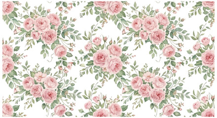 Fototapeta premium Floral pattern with pink roses and green leaves