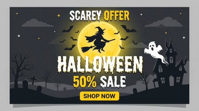 Spooky halloween sale banner 50 off deals on costumes decorations more limited time offer