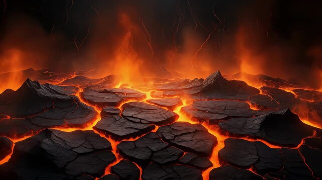Molten earth surface with fiery cracks and smoke during a dramatic inferno