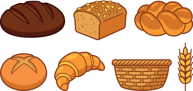 Bakery bread vector collection with basket rye wheat loaf croissant challah bun isolated on white background