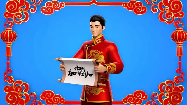 Man in traditional attire holding scroll with celebratory message during festive Asian New Year decoration